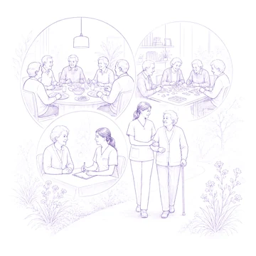 Escenas de acompanamiento integral: comidas compartidas, actividades, consulta y paseo